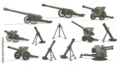 Artillery arsenal Diverse collection of howitzers, cannons, and mortars for military and historical contexts