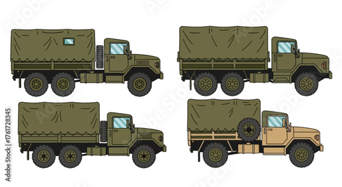 Set of Military Trucks with Green and Tan Tarp Covers