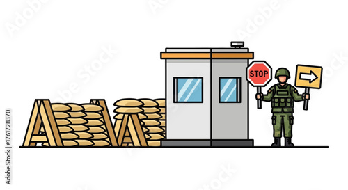 Soldier standing guard at a military checkpoint with a sandbag barricade holding stop and direction signs illustration