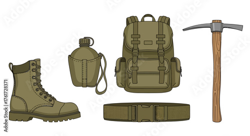 Outdoor Adventure Gear Backpack, Boots, Canteen, Belt, and Pickaxe for Hiking and Exploration