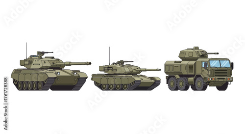 Military armored vehicles, including tanks and artillery, depicted in a simple, modern pixel art style on a white background