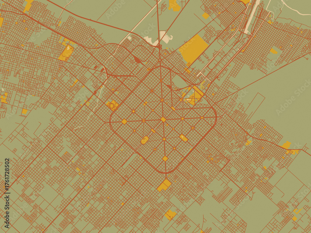 Fototapeta premium Minimalist flat city map of La Plata, Argentina with olive backdrop with warm rust street network and ochre blocks.