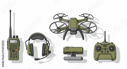 Military communication and surveillance equipment, including a drone, radio, and headset