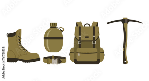 Outdoor Adventure Gear Set Hiking Boots, Water Bottle, Backpack, and Ice Axe