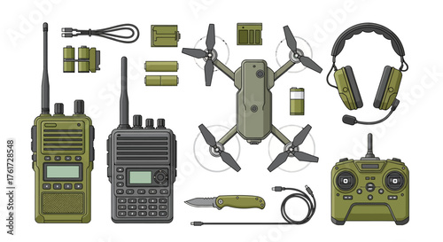 Vector illustration set of modern military tactical equipment with drone, radios, and communication gear isolated on a white background