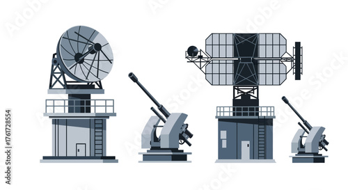 Military Radar Systems and Anti-Aircraft Guns Vector Illustration Set