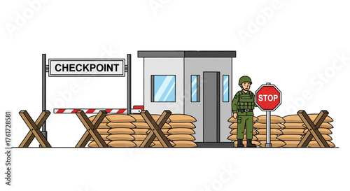 Military checkpoint with guard, barricade and stop sign, establishing security and control at a border
