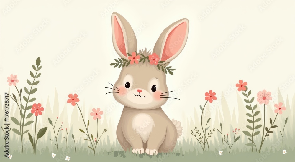 Obraz premium Rabbit with a flower crown sitting in the grass