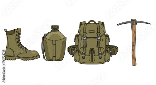 Vector illustration set of essential hiking and exploration gear with a backpack, boot, canteen, and pickaxe