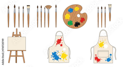 Vector art supplies collection with paintbrushes, a colorful palette, a blank canvas on an easel, and aprons with paint splatters