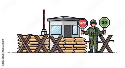 Guarded Checkpoint with Soldier Holding Stop and Go Signs Illustration