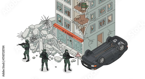 Armed special forces squad on a city street after an attack, an isometric vector concept of urban warfare and building destruction