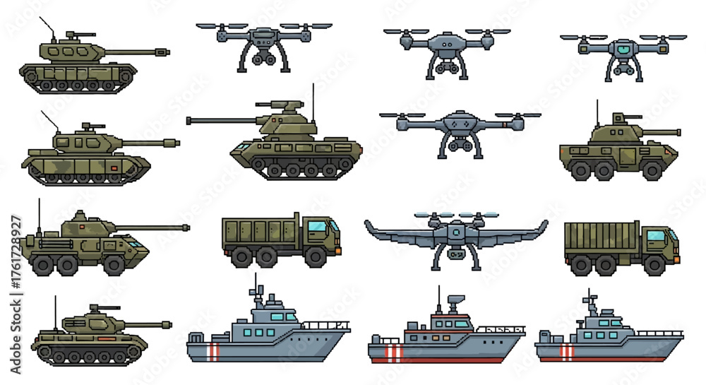 Obraz premium A collection of 8-bit military game assets featuring combat vehicles, naval ships, and unmanned aerial drones for retro videogames