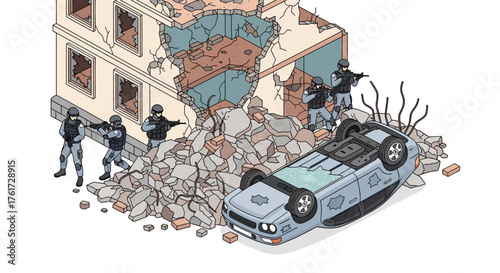 Isometric illustration of a building after a violent incident involving law enforcement