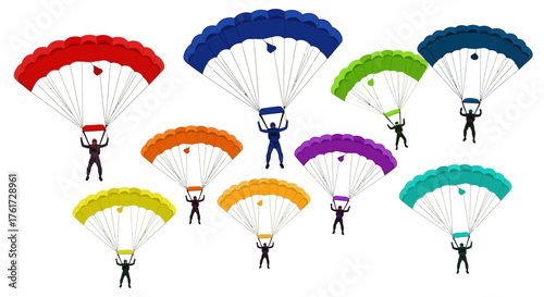 A diverse group of skydivers descending with colorful parachutes