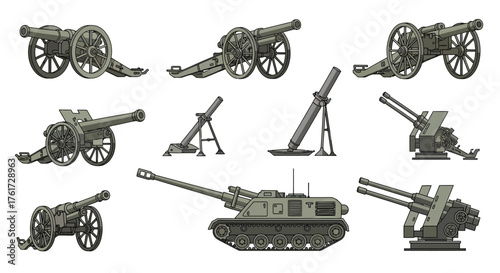Collection of artillery pieces mortars, howitzers, and cannons for military strategy and defense