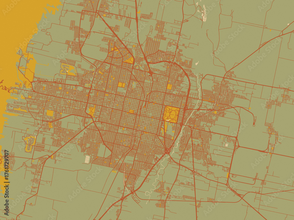 Naklejka premium Graphic flat color map of San Miguel de Tucuman, Argentina in sage green ground with rust-red roads and ochre accents.