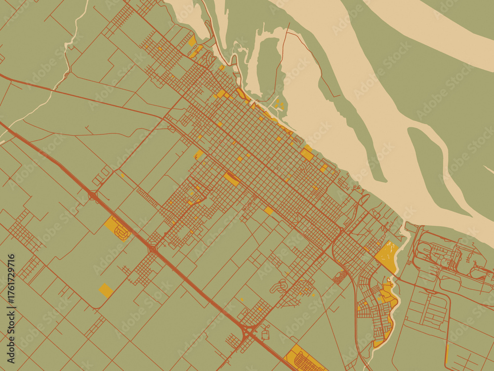 Obraz premium Graphic flat color map of San Nicolas de los Arroyos, Argentina in sage green ground with rust-red roads and ochre accents.