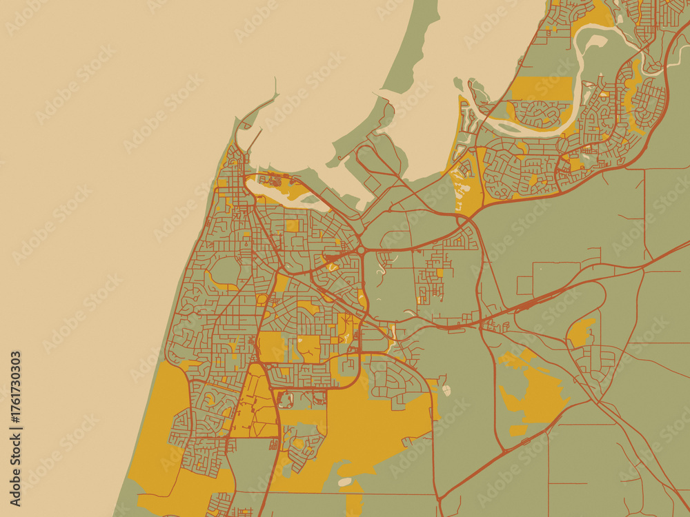 Fototapeta premium Contemporary flat map of Bunbury, Australia design with sage green ground with rust-red roads and ochre accents.