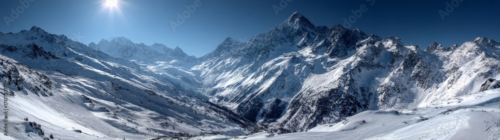 Obraz premium Sunlit slopes: capturing the magic of dombay's early snows. Studio shot. Golden sunlight kisses dombay's sparkling snowy peaks. High resolution. Copy space.