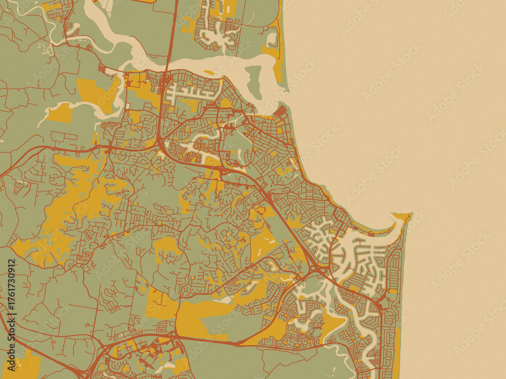 Fototapeta premium Poster-ready flat map of Sunshine Coast, Australia, sage/olive tone field with rust networks and ochre shapes, cream water.