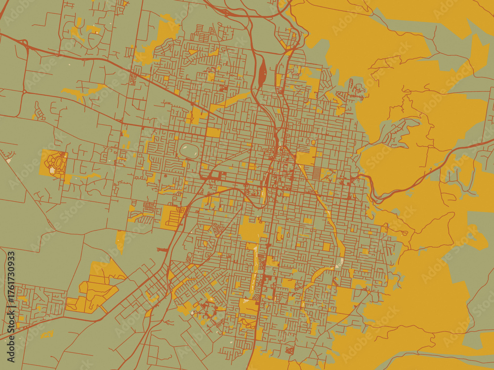 Naklejka premium Decorative flat city map of Toowoomba, Australia using sage/olive tone field with rust networks and ochre shapes, cream water.