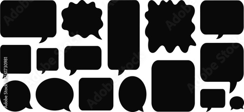 Blank speech bubble silhouettes, black comic chat balloons, empty dialogue shapes for messages, conversation design elements and storytelling graphics