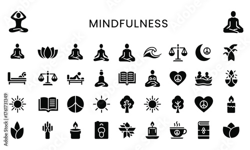 Collection of mindfulness and meditation icons isolated on white background