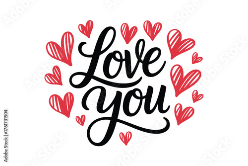 Handwritten love you surrounded by red hearts illustration