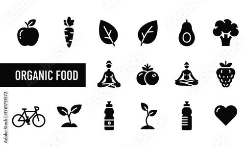 Collection of organic food and healthy lifestyle icons isolated on white background