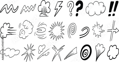 Hand-drawn cartoon comic symbols, smoke clouds, bursts, motion lines, question marks, expressive doodle elements for graphic design projects