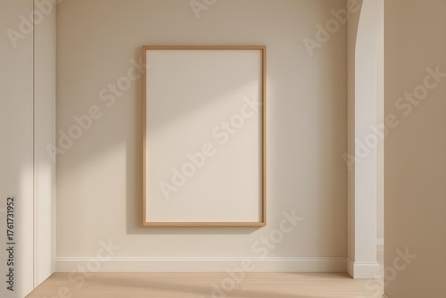 Poster mockup in minimal hallway with natural shadows and soft tones