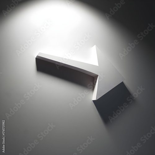 A white arrow points to the right, illuminated by a bright spotlight casting a strong shadow on a neutral background.