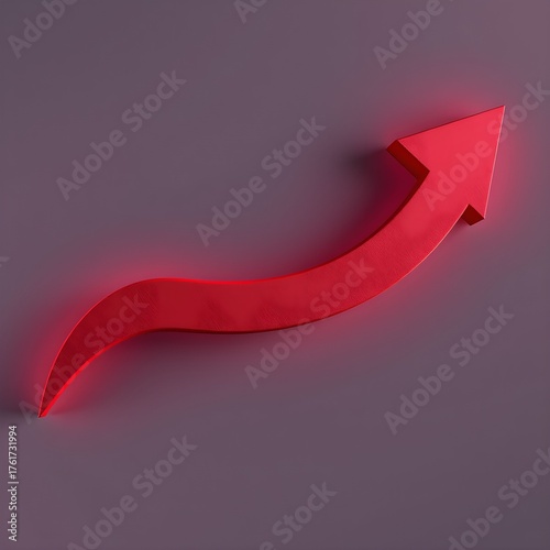A red, curved arrow pointing upwards and to the right, casting a soft glow on a purple-grey background.