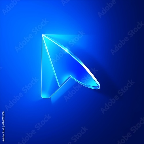 A luminous, transparent blue arrow cursor points upwards on a vibrant blue background, casting a subtle shadow.