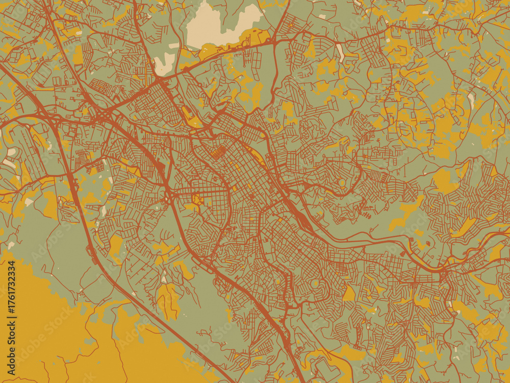 Fototapeta premium Stylized minimalist map of Jundiai, Brazil in sage/olive tone field with rust networks and ochre shapes, cream water.