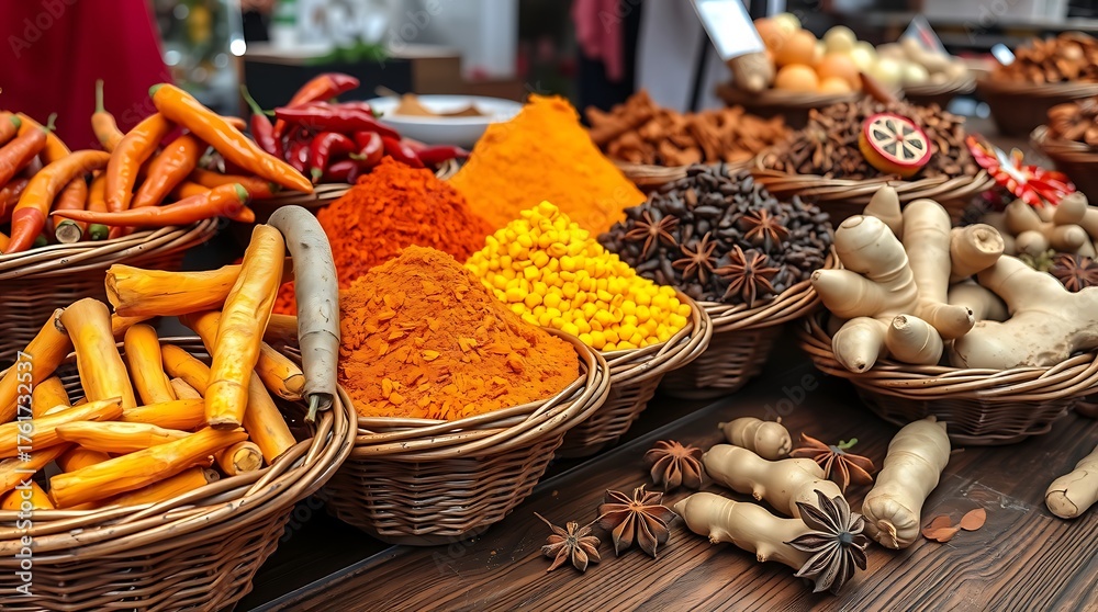 Fototapeta premium Organic Turmeric, Chili, and Ginger Composition