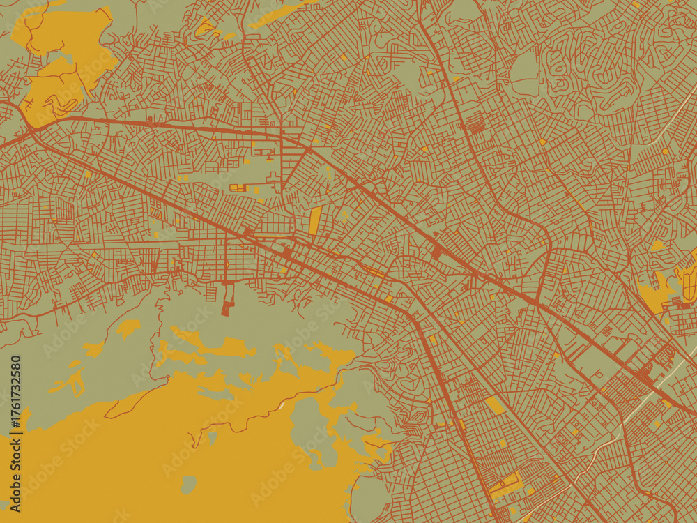 Obraz premium Abstract flat-design map of Nova Iguacu, Brazil, featuring olive backdrop with warm rust street network and ochre blocks.