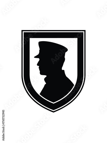 Silhouette of a man in a cap within a shield emblem