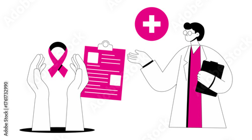 Breast Cancer Awareness and Medical Consultation Concept, Flat Vector Illustration of Doctor and Cancer Awareness Campaign
