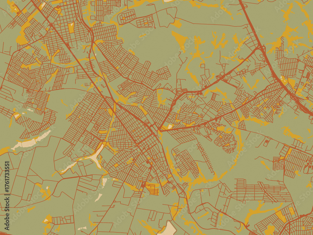 Obraz premium Decorative flat city map of Sumare, Brazil using sage/olive tone field with rust networks and ochre shapes, cream water.