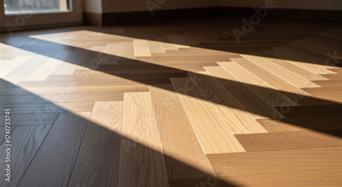 Modern Wooden Parquet Floor with Sunlight and Shadows