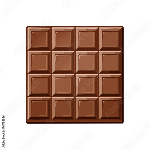Flat vector illustration of a rectangular milk chocolate bar with shiny, evenly spaced square segments set against a solid black background