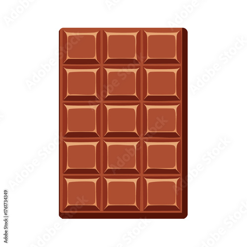 Flat vector illustration of a rectangular milk chocolate bar with shiny, evenly spaced square segments set against a solid black background