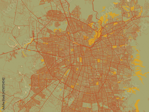 Stylized minimalist map of Santiago, Chile in muted sage base, rust-colored roads, and soft ochre highlights.
