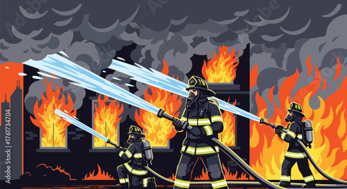 vector of brave firefighters spraying water to extinguish burning building flames, teamwork and heroism during emergency rescue