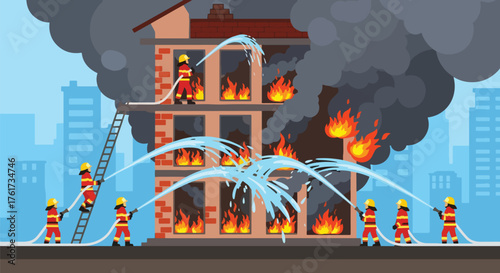 vector of brave firefighters spraying water to extinguish burning building flames, teamwork and heroism during emergency rescue