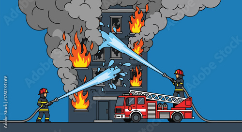vector of brave firefighters spraying water to extinguish burning building flames, teamwork and heroism during emergency rescue