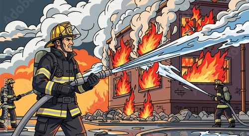 vector of brave firefighters spraying water to extinguish burning building flames, teamwork and heroism during emergency rescue