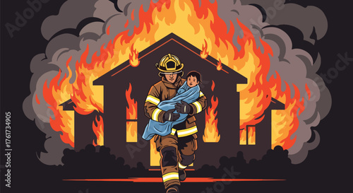 Flat vector of heroic firefighter carrying rescued child from burning house, symbol of bravery, compassion, and safety